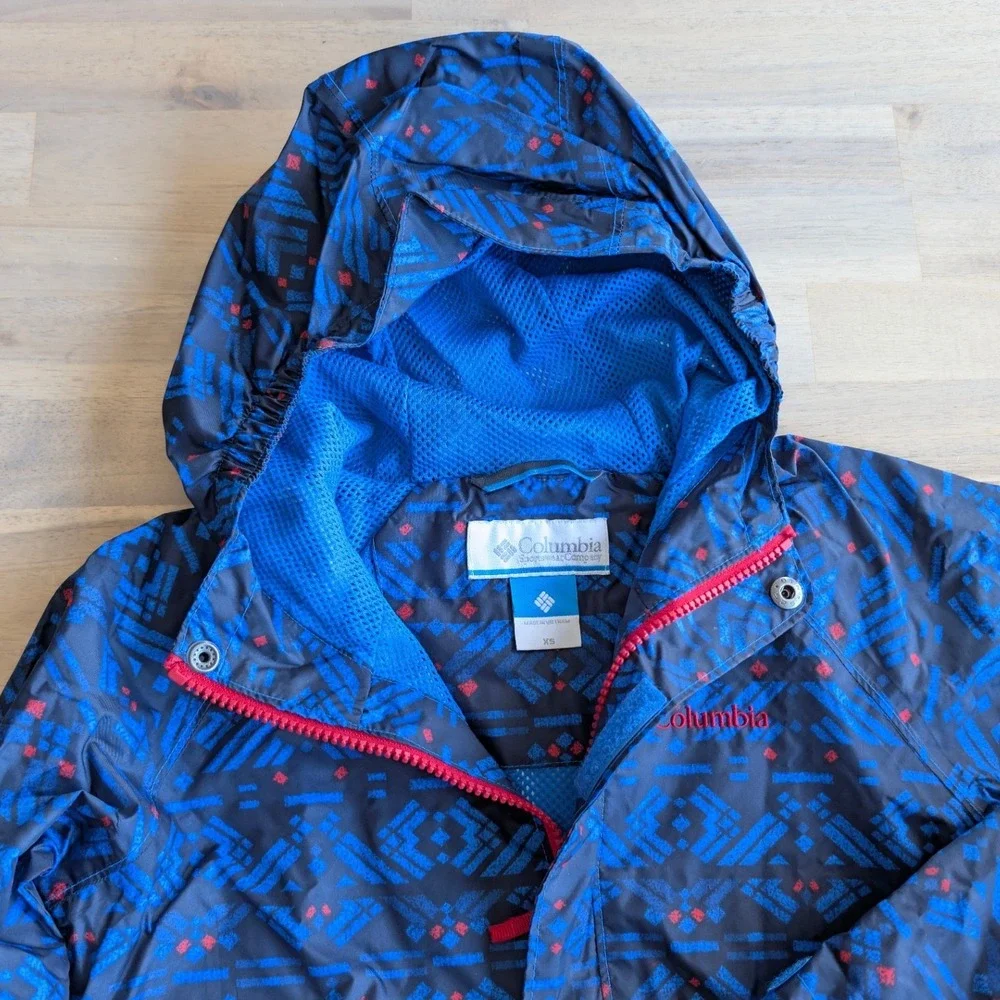 Columbia‎ Boys XS Blue Geometric Print Hooded Mesh Lined Windbreaker Jacket